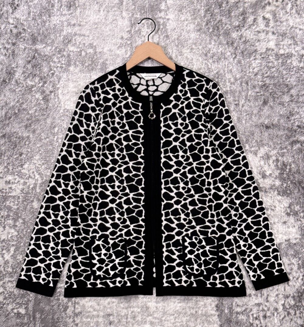 Misook Jacket Small Womens Classic Knit Black Elephant Pattern Full Zip
